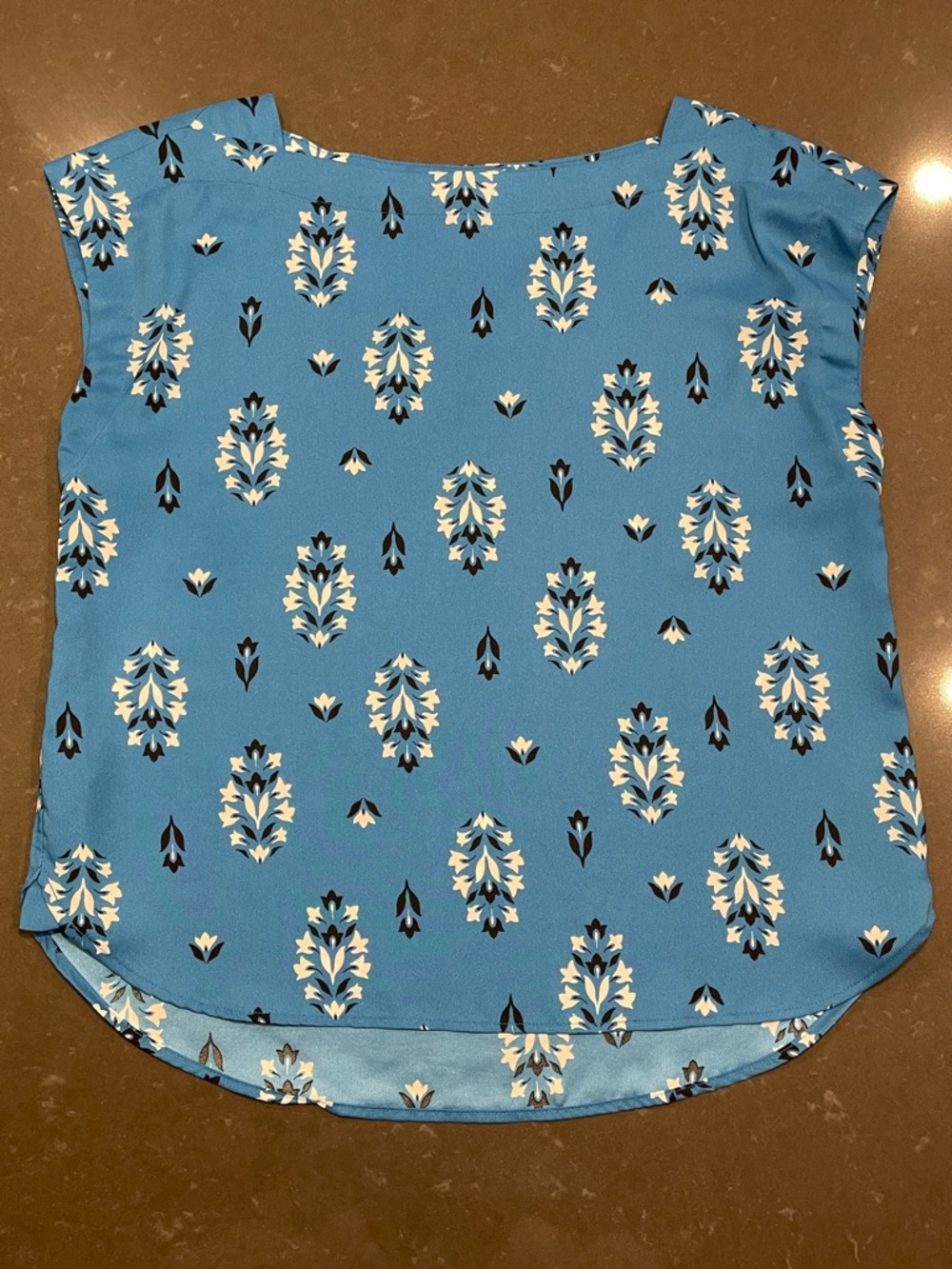Ann Taylor Blue Boatneck Blouse Top with Black and White Flower Details XS